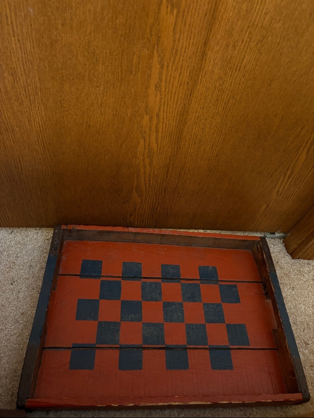 OLD Hand -Painted Wooden Checkerboard Tray in Red and Blue